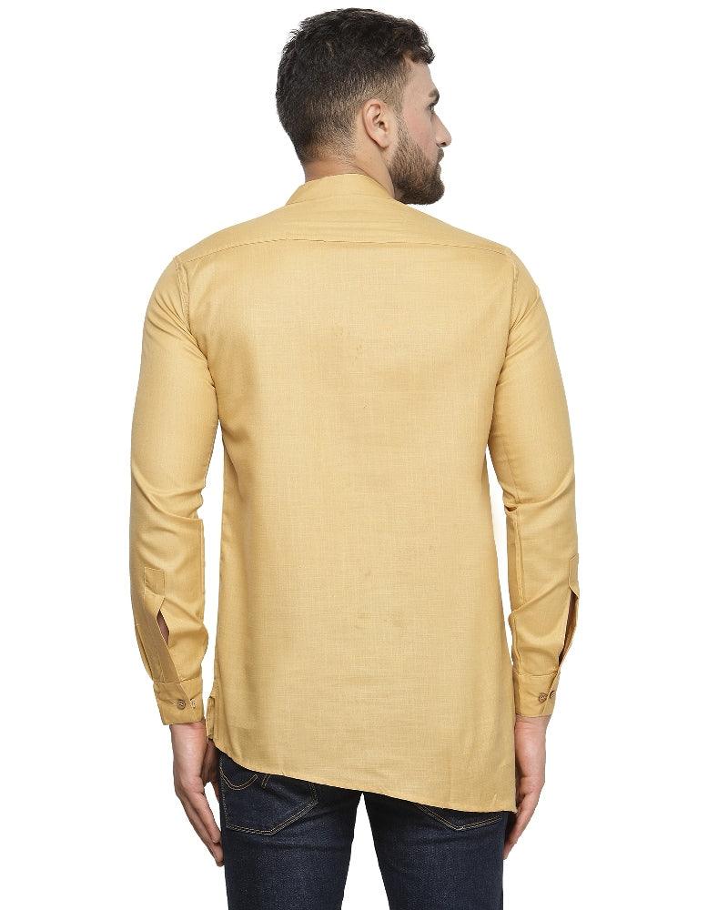 Men's Cotton Blend Beige Asymmetric Short Kurta - Benstoke - Indiakreations