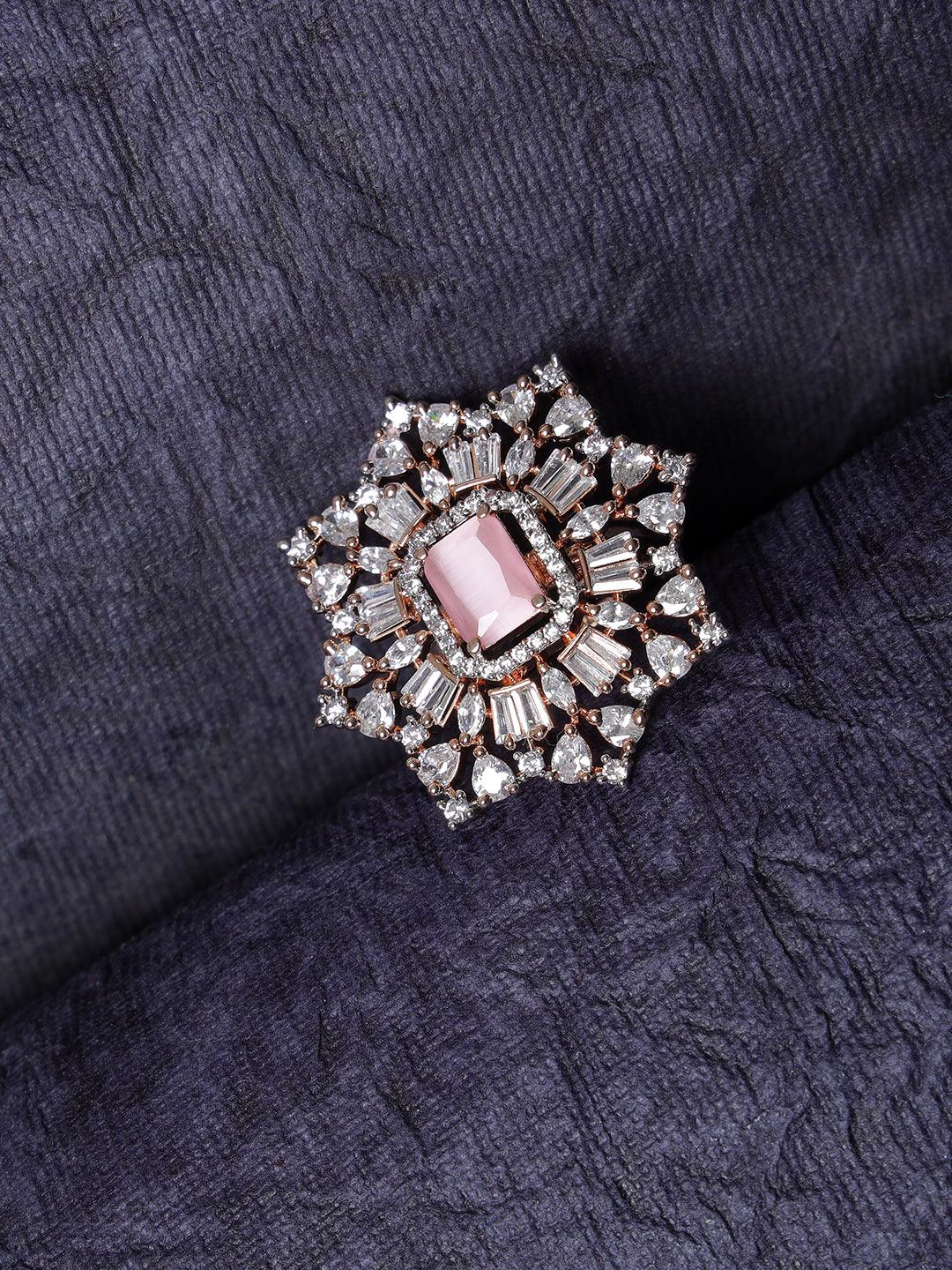 Women's Rose Gold-Plated Pink Ruby & White AD-Studded Handcrafted Adjustable Finger Ring - Jazz and Sizzle - Indiakreations