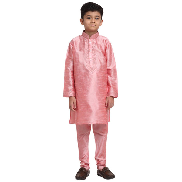 Boy's Pink Yoke Design Thread Work Kurta With Churidaar - Benstoke KIDS - Indiakreations