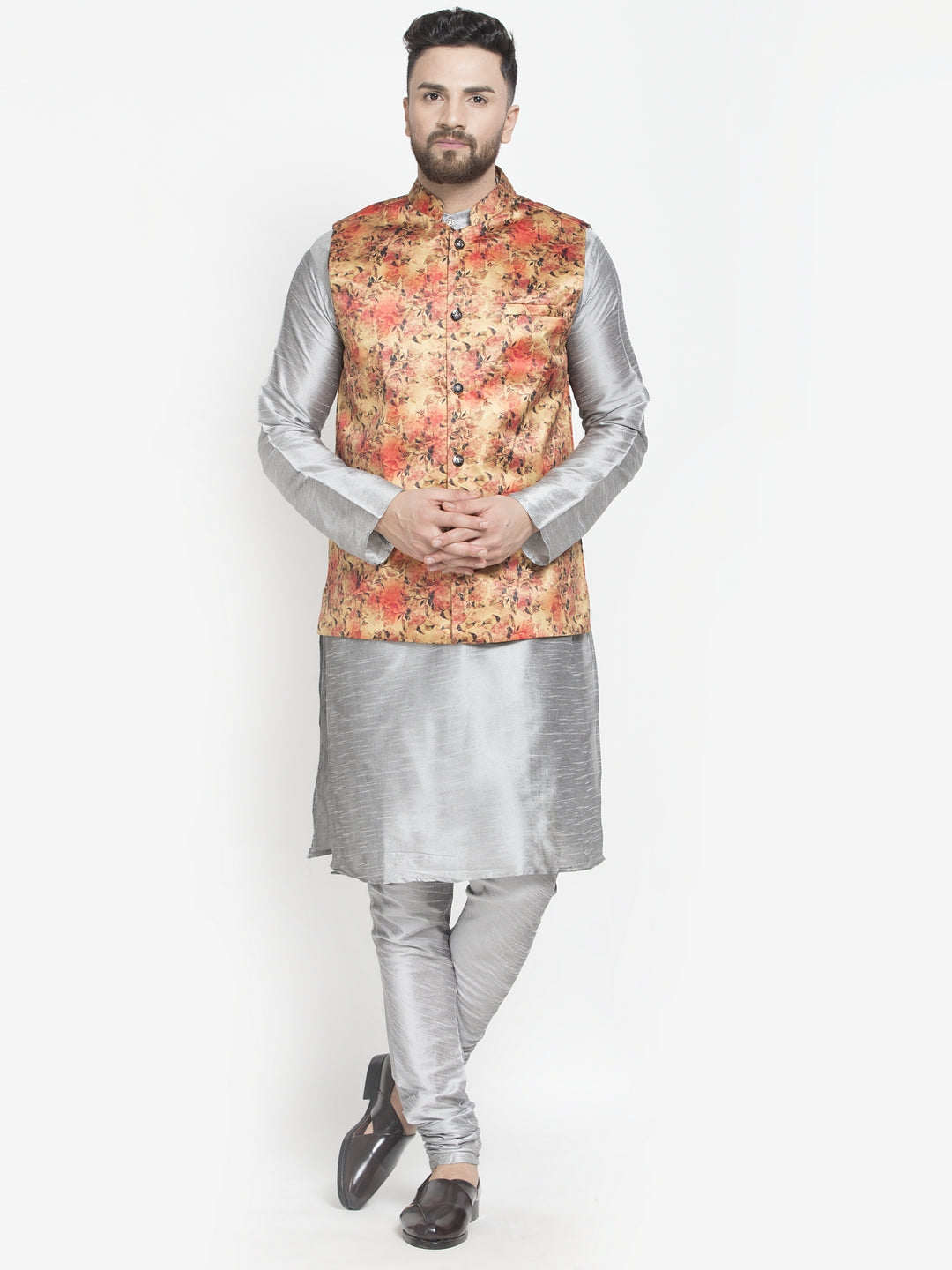 Men's Silk Blend Grey Kurta With Pyjama & Orange Printed Nehru Jacket - Benstoke