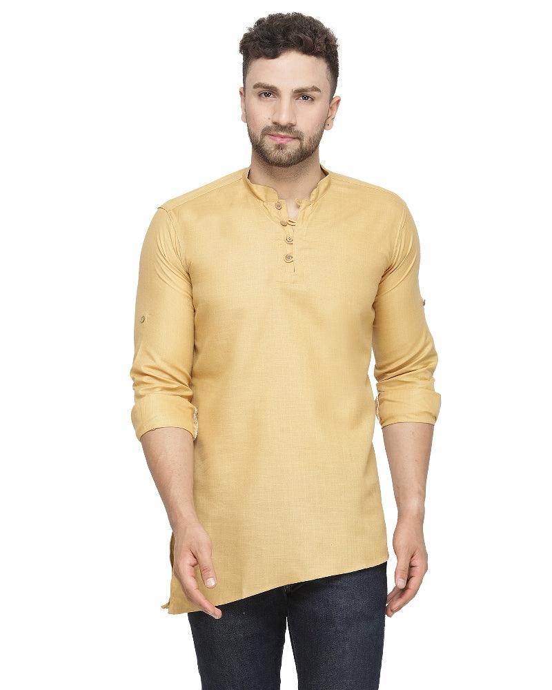 Men's Cotton Blend Beige Asymmetric Short Kurta - Benstoke - Indiakreations