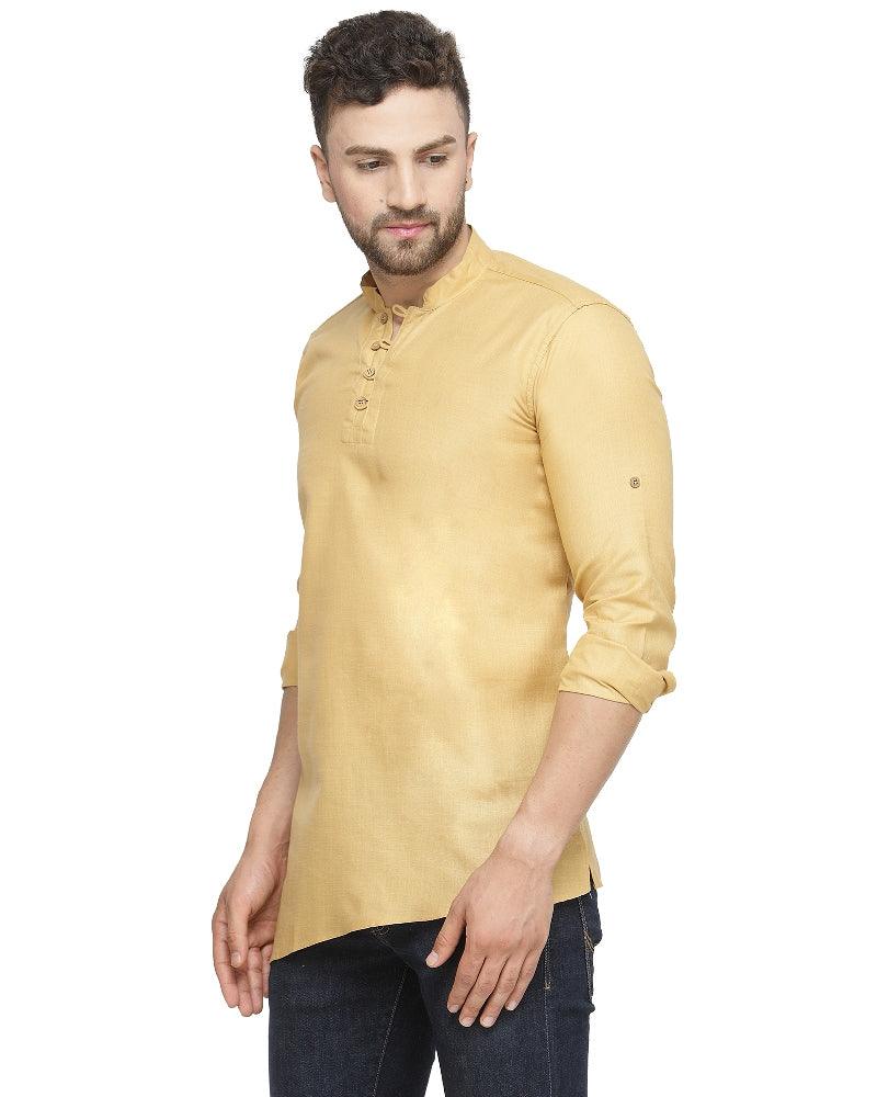 Men's Cotton Blend Beige Asymmetric Short Kurta - Benstoke - Indiakreations