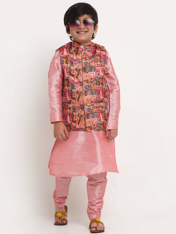 Boy's Pink Solid Kurta With Pyjama & Multi Printed Nehrujacket Combos - Benstoke KIDS