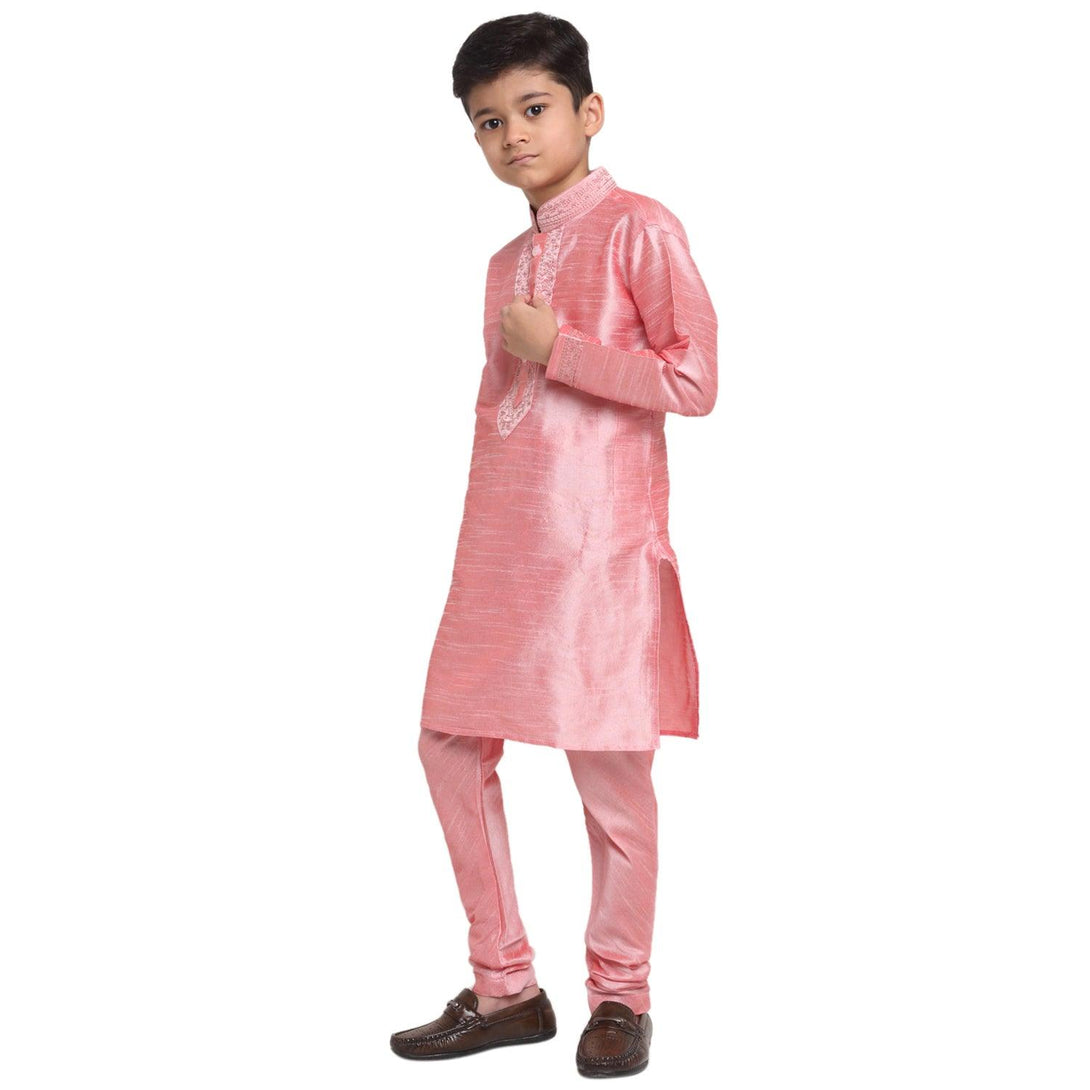 Boy's Pink Yoke Design Thread Work Kurta With Churidaar - Benstoke KIDS - Indiakreations