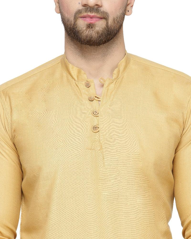 Men's Cotton Blend Beige Asymmetric Short Kurta - Benstoke - Indiakreations