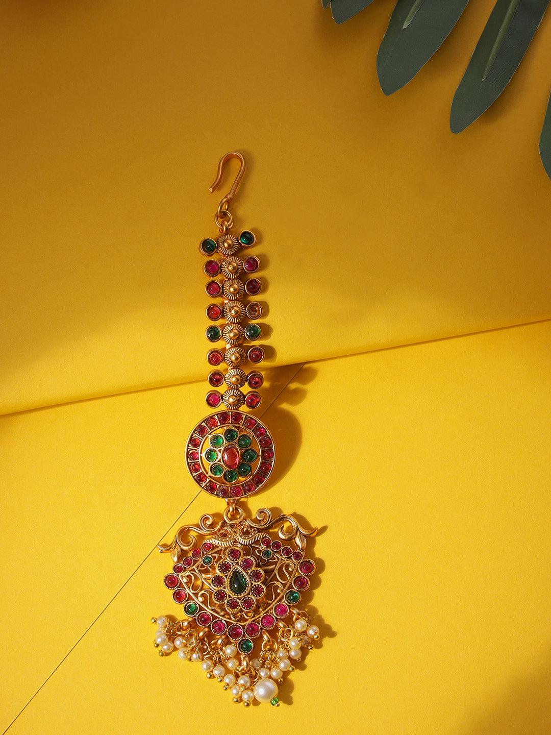 Women's Gold-Plated & Ruby & Emerald Kemp Stones Pearls Maang Tikka - Jazz and Sizzle - Indiakreations