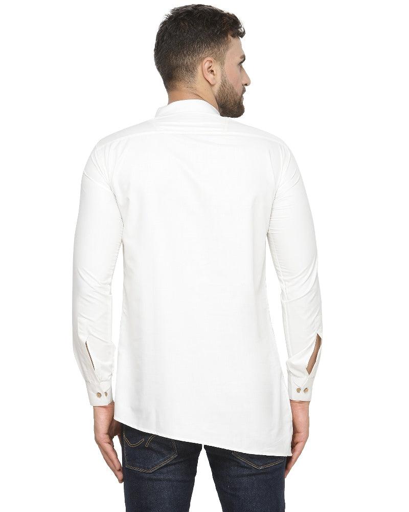 Men's Cotton Blend White Asymmetric Short Kurta - Benstoke - Indiakreations