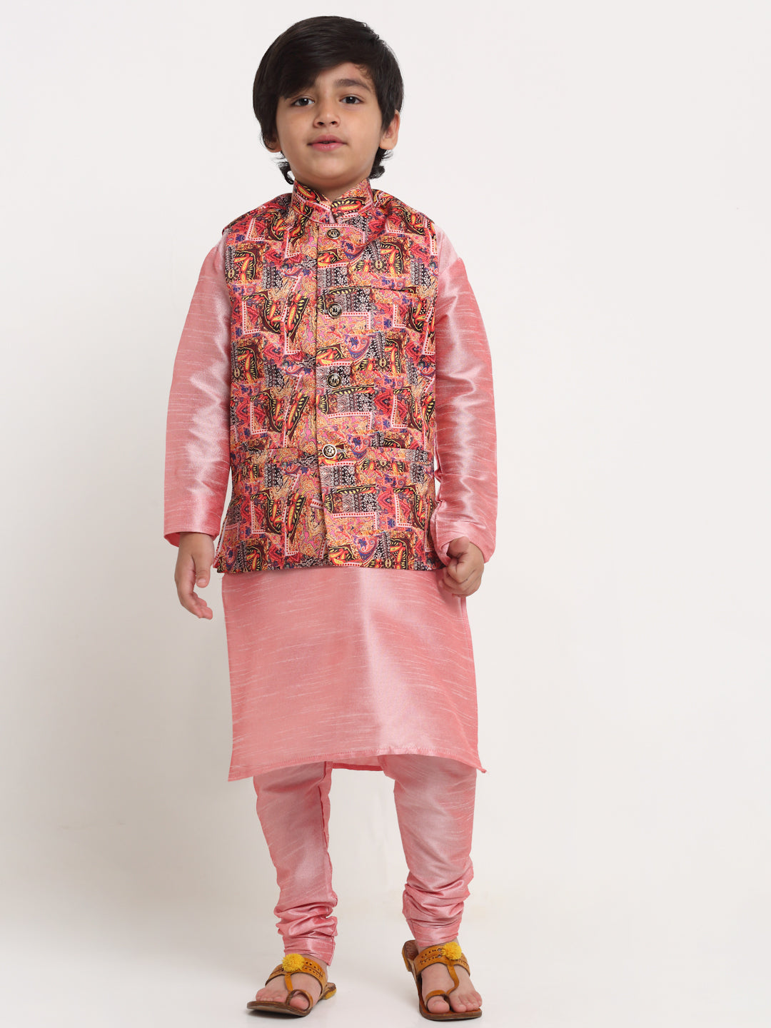 Boy's Pink Solid Kurta With Pyjama & Multi Printed Nehrujacket Combos - Benstoke KIDS