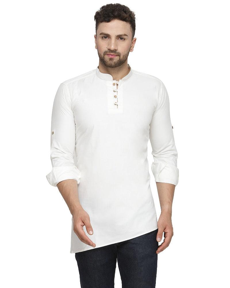 Men's Cotton Blend White Asymmetric Short Kurta - Benstoke - Indiakreations