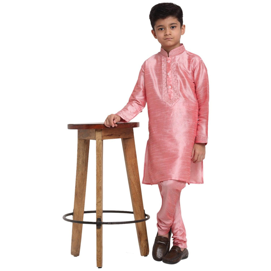 Boy's Pink Yoke Design Thread Work Kurta With Churidaar - Benstoke KIDS - Indiakreations