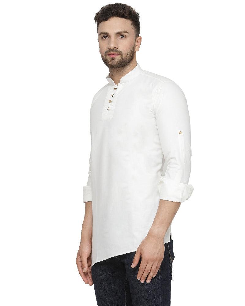 Men's Cotton Blend White Asymmetric Short Kurta - Benstoke - Indiakreations