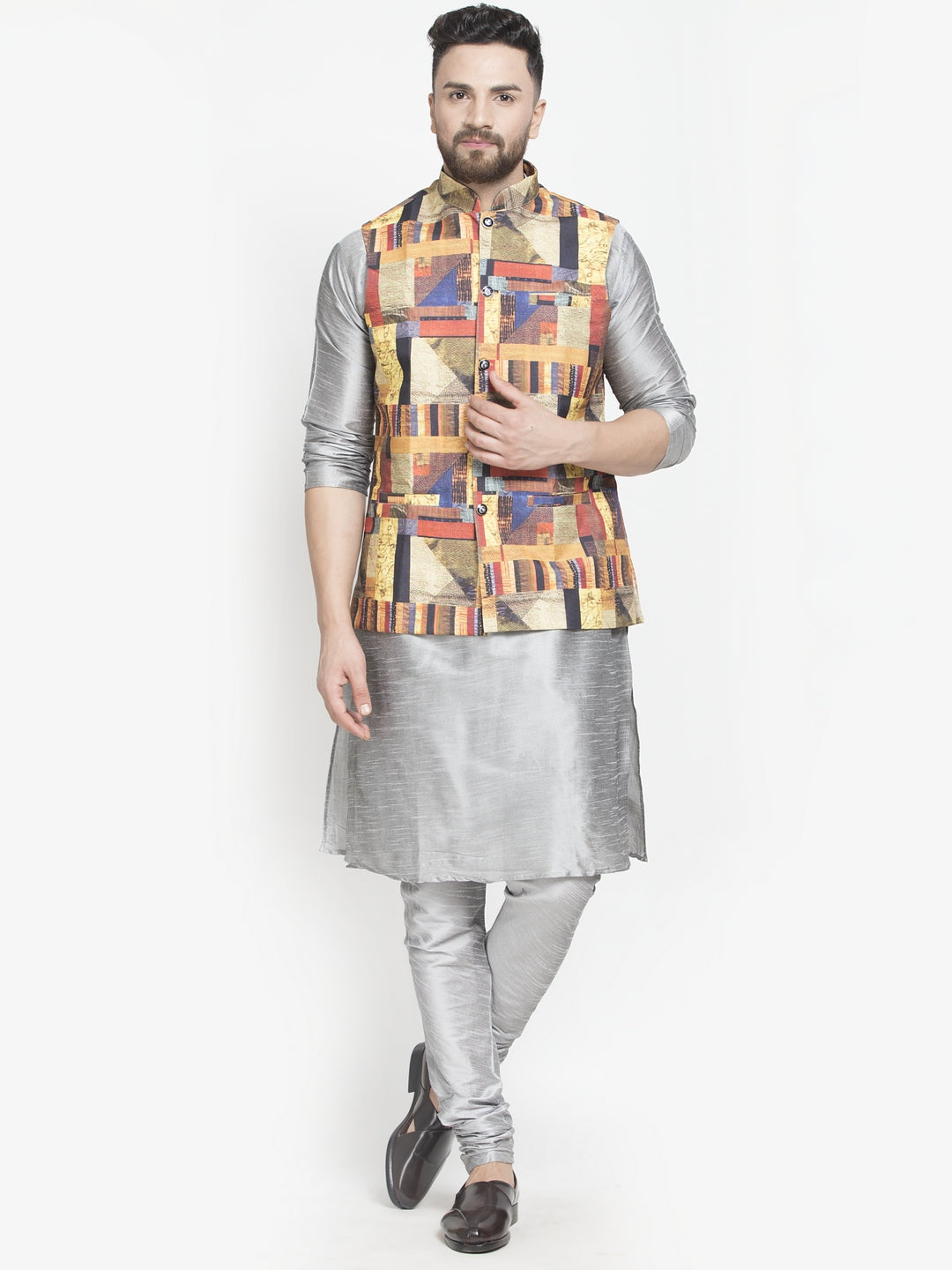 Men's Silk Blend Grey Kurta With Pyjama & Multicolor Printed Nehru Jacket - Benstoke