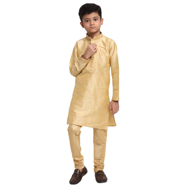 Boy's Gold Yoke Design Thread Work Kurta With Churidaar - Benstoke KIDS - Indiakreations