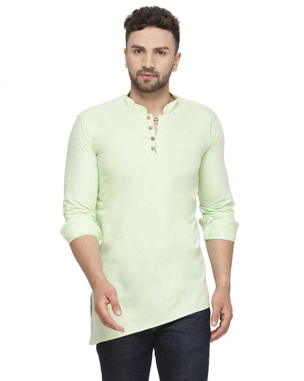 Men's Cotton Blend Light Green Asymmetric Short Kurta - Benstoke - Indiakreations