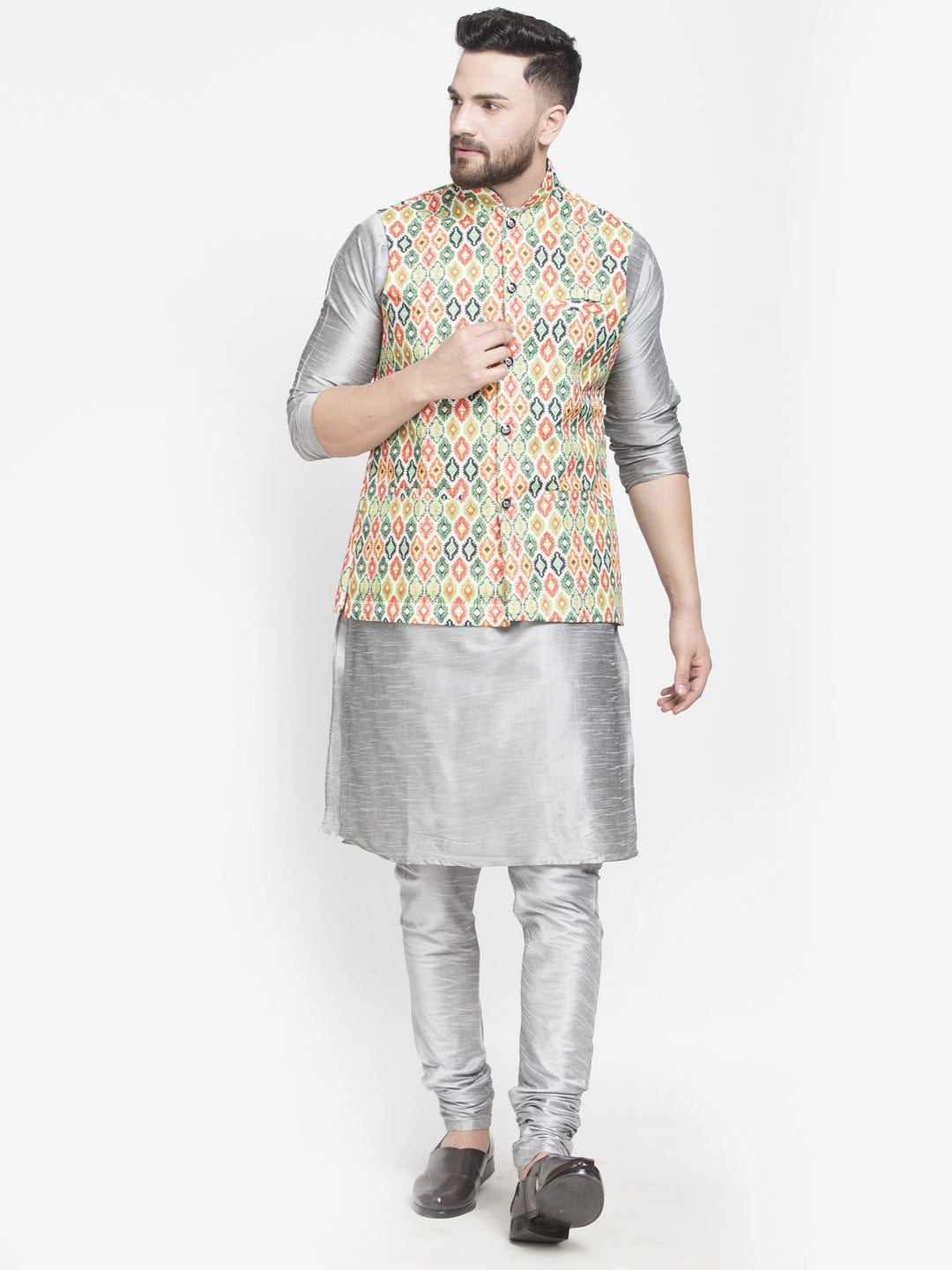 Men's Silk Blend Grey Kurta With Pyjama & Green Printed Nehru Jacket - Benstoke