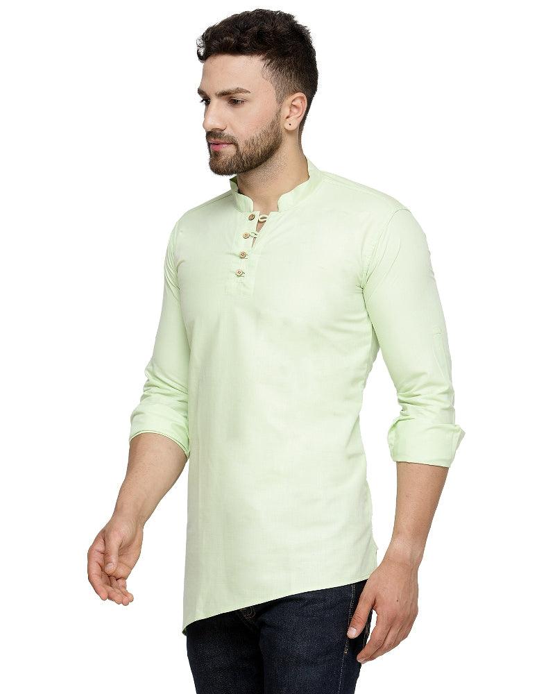 Men's Cotton Blend Light Green Asymmetric Short Kurta - Benstoke - Indiakreations