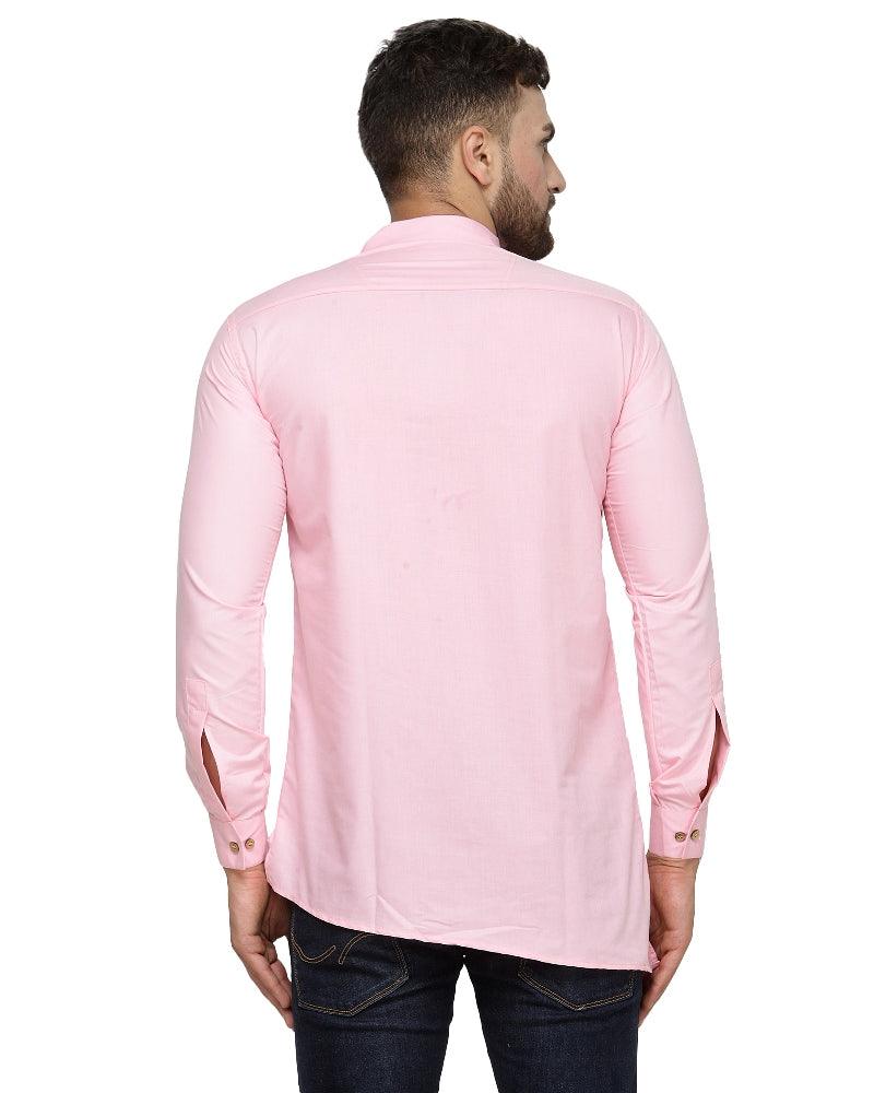 Men's Cotton Blend Pink Asymmetric Short Kurta - Benstoke - Indiakreations