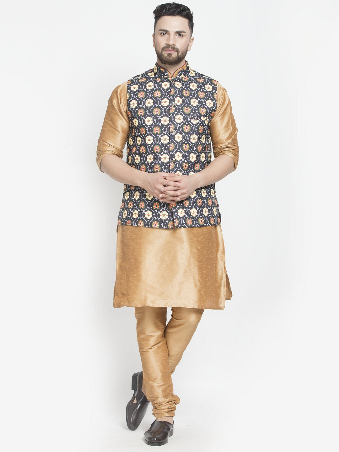 Men's Silk Blend Copper Kurta With Pyjama & Black Printed Nehru Jacket - Benstoke