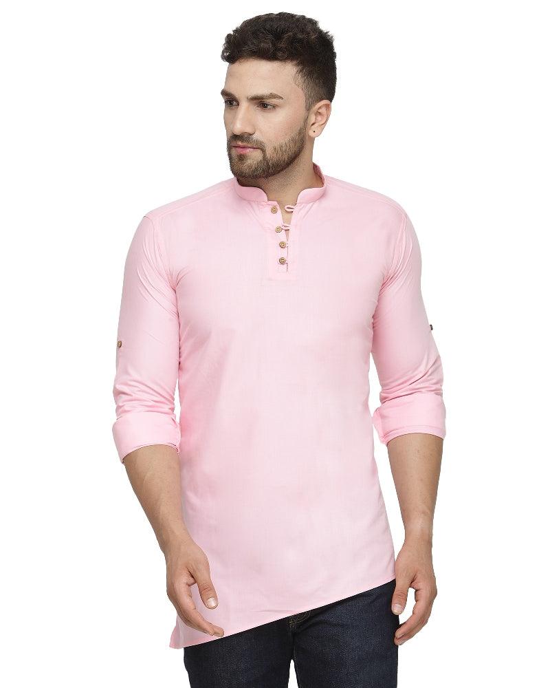 Men's Cotton Blend Pink Asymmetric Short Kurta - Benstoke - Indiakreations