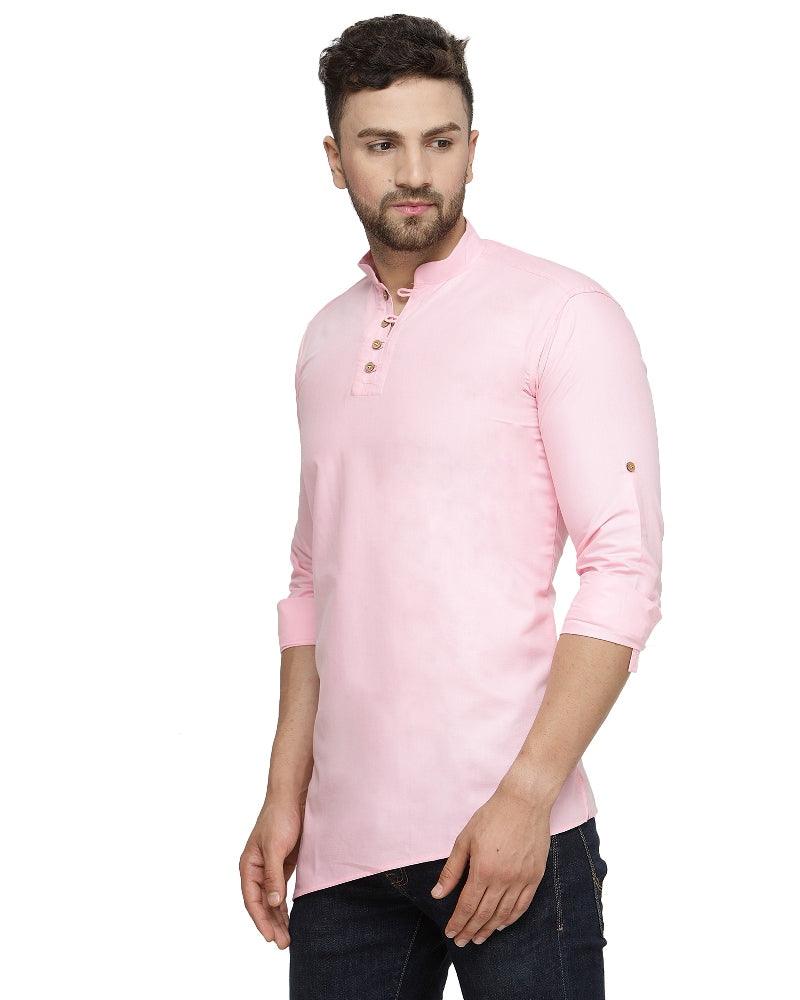 Men's Cotton Blend Pink Asymmetric Short Kurta - Benstoke - Indiakreations