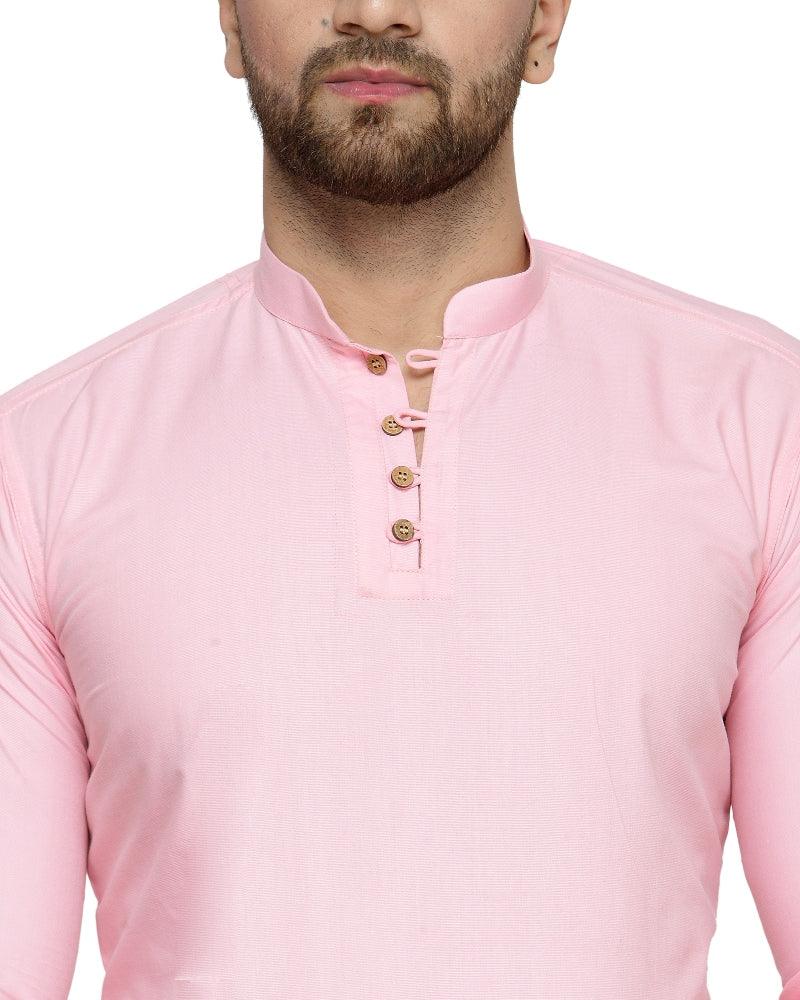 Men's Cotton Blend Pink Asymmetric Short Kurta - Benstoke - Indiakreations