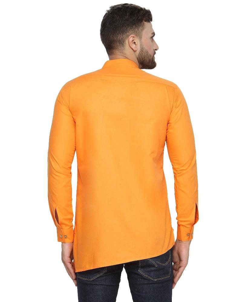 Men's Cotton Blend Orange Asymmetric Short Kurta - Benstoke - Indiakreations