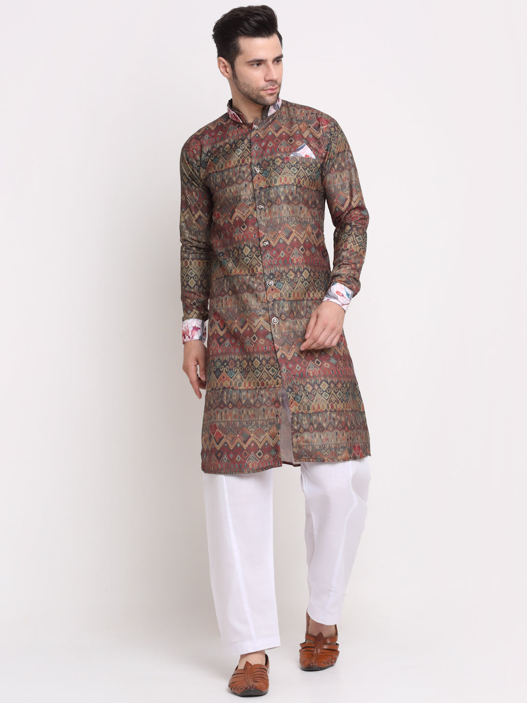 Men's Brown & Beige Printed Kurta With White Pyjamas Set - Benstoke