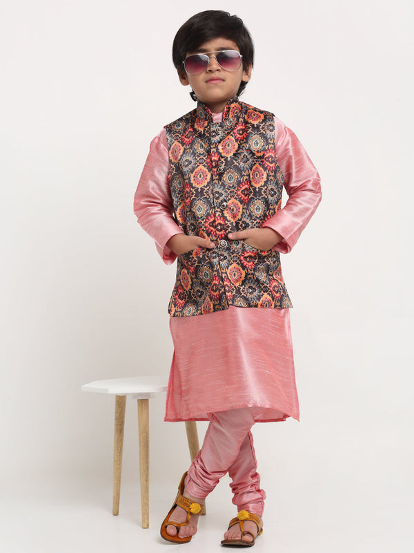 Boy's Pink Solid Kurta With Pyjama & Black Printed Nehrujacket Combos - Benstoke KIDS