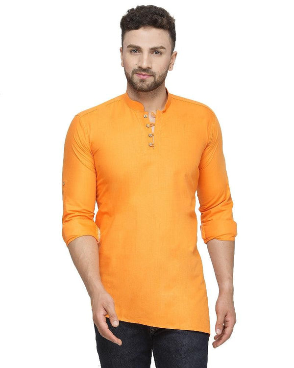 Men's Cotton Blend Orange Asymmetric Short Kurta - Benstoke - Indiakreations