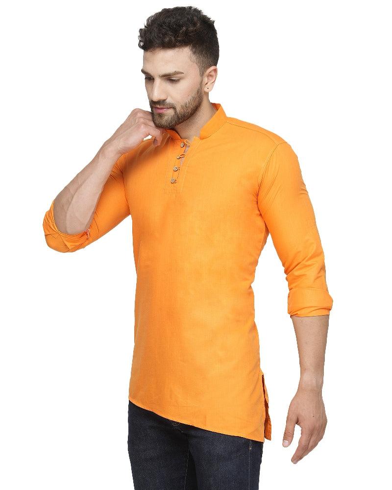 Men's Cotton Blend Orange Asymmetric Short Kurta - Benstoke - Indiakreations