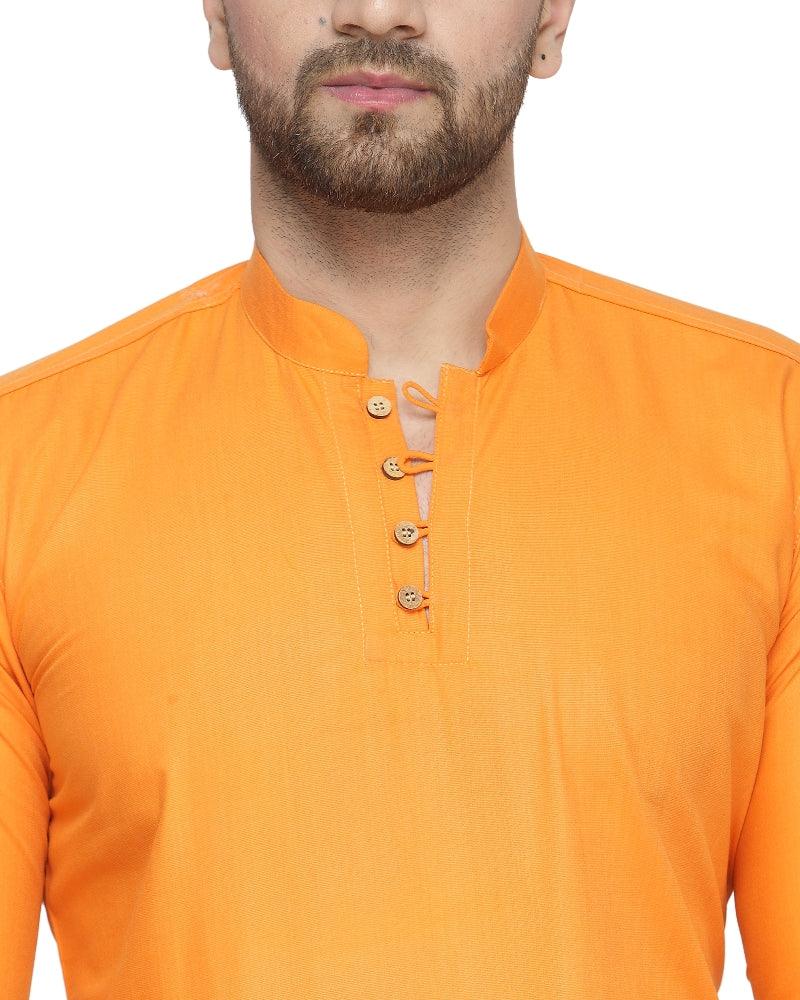 Men's Cotton Blend Orange Asymmetric Short Kurta - Benstoke - Indiakreations