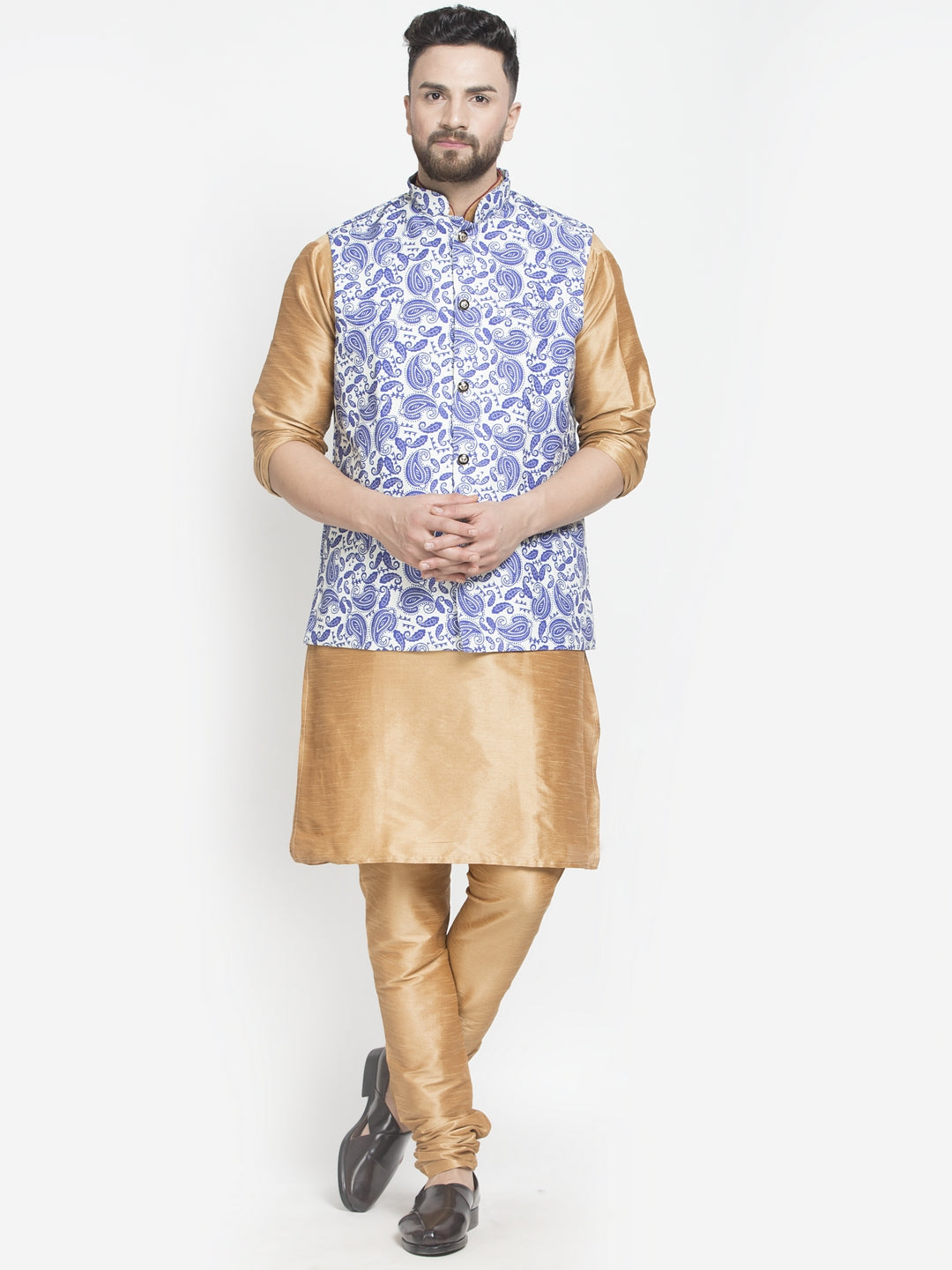 Men's Silk Blend Copper Kurta With Pyjama & Blue Printed Nehru Jacket - Benstoke