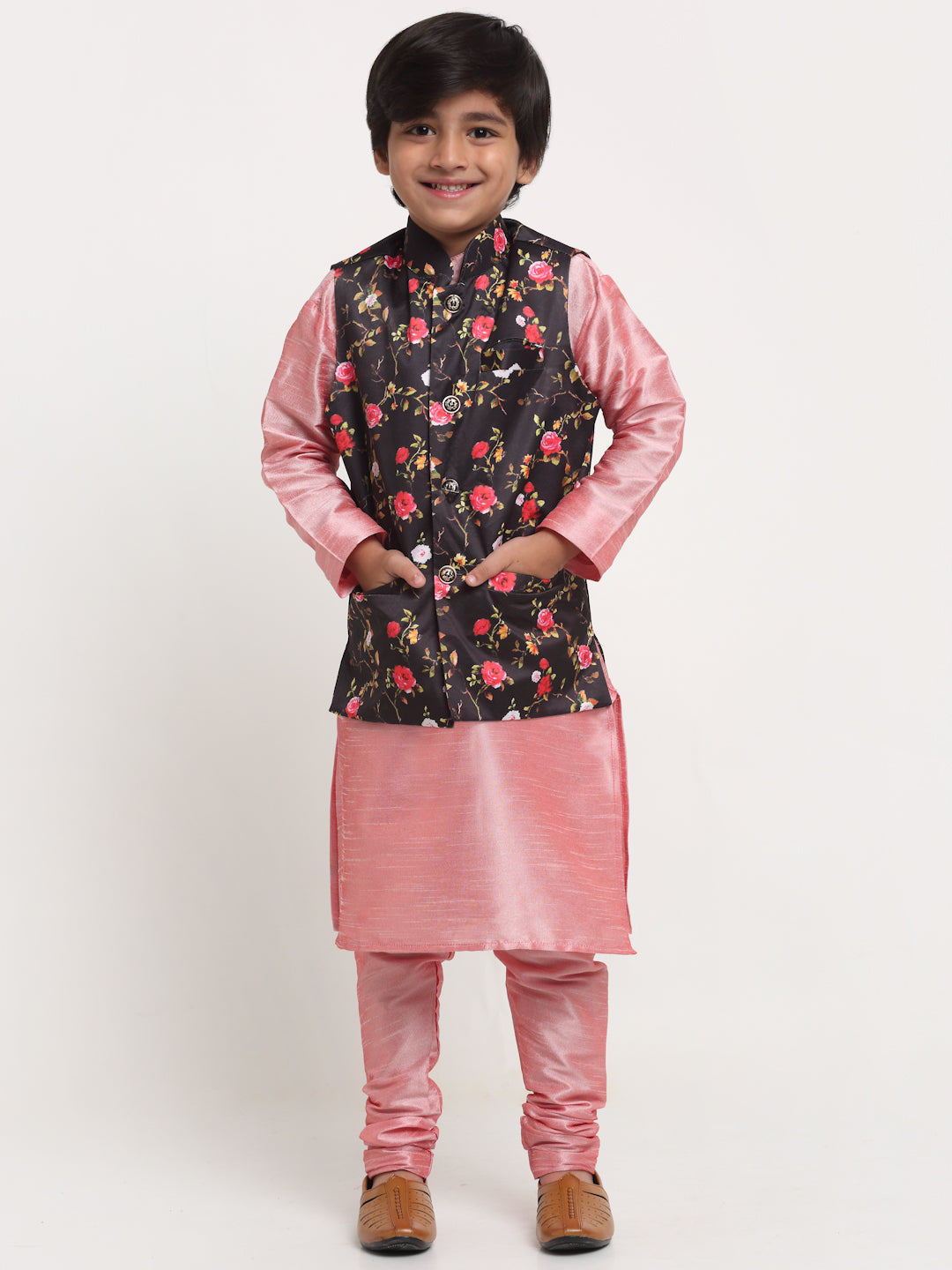 Boy's Pink Solid Kurta With Pyjama & Black Printed Nehrujacket Combos - Benstoke KIDS