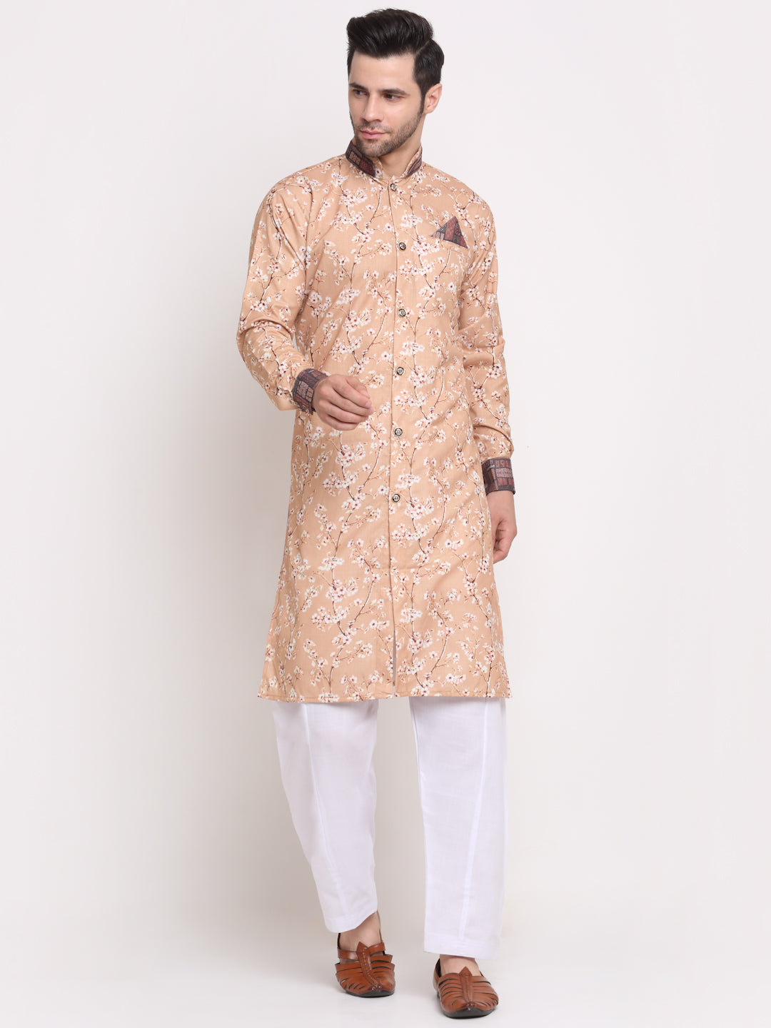 Men's Fawn & Multi Printed Kurta With White Pyjamas Set - Benstoke