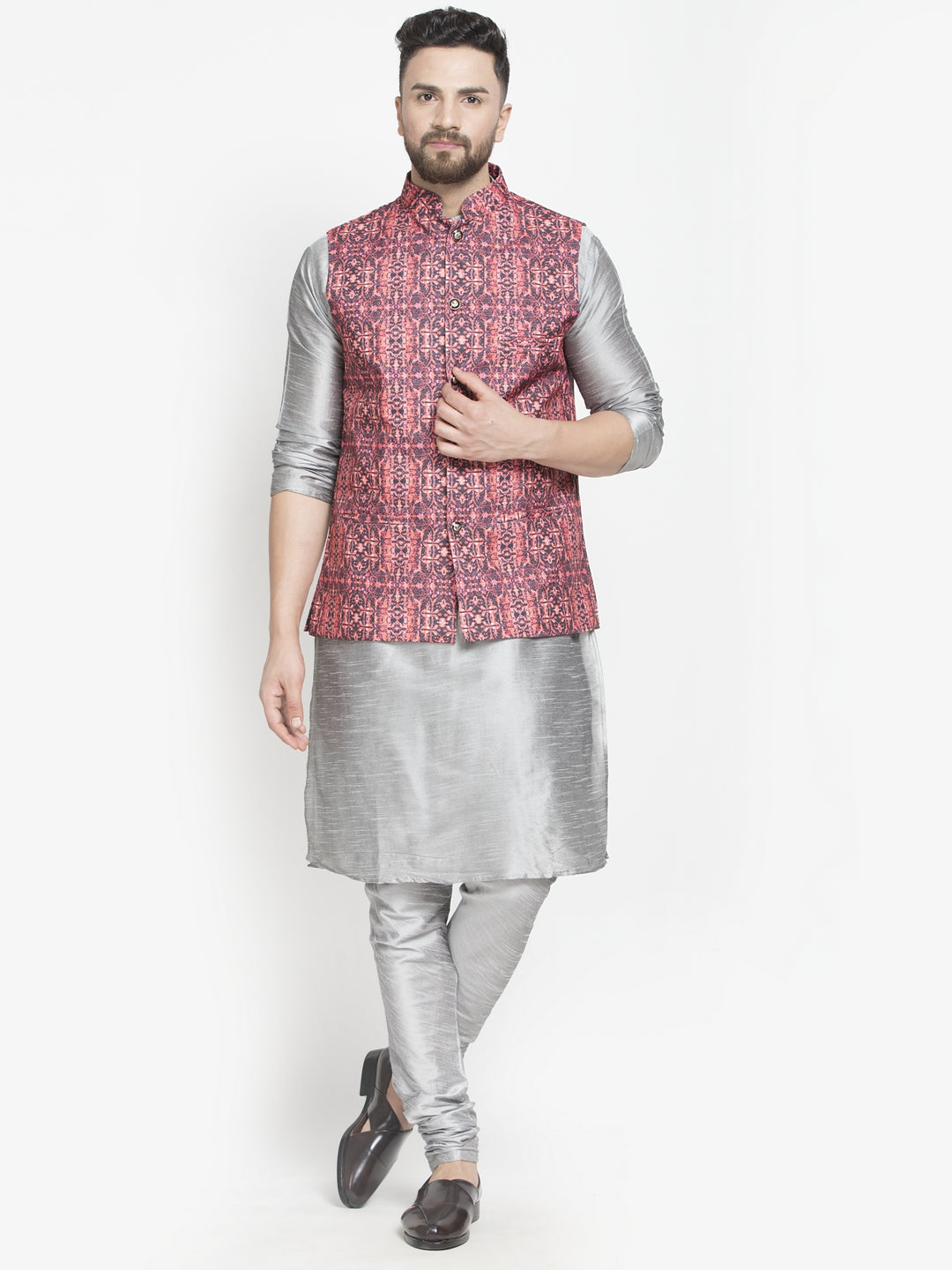 Men's Silk Blend Grey Kurta With Pyjama & Coral Printed Nehru Jacket - Benstoke