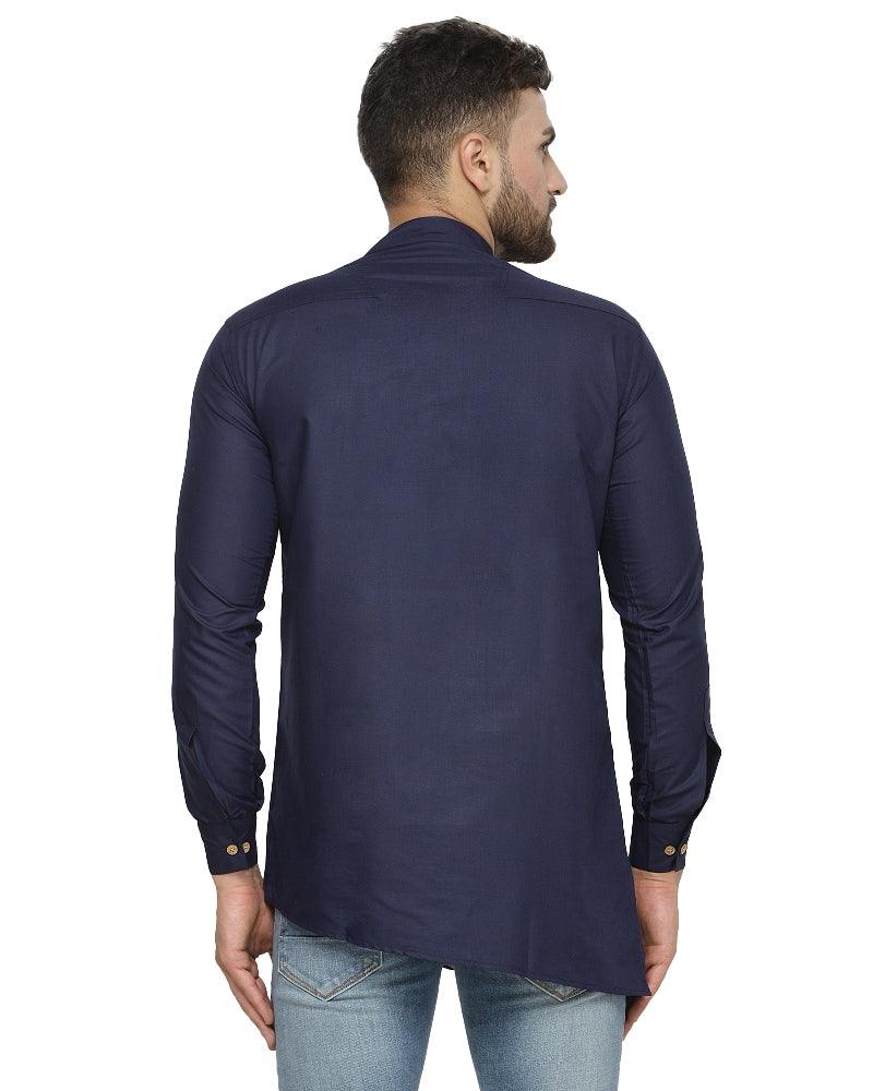 Men's Cotton Blend Navy Blue Asymmetric Short Kurta - Benstoke - Indiakreations