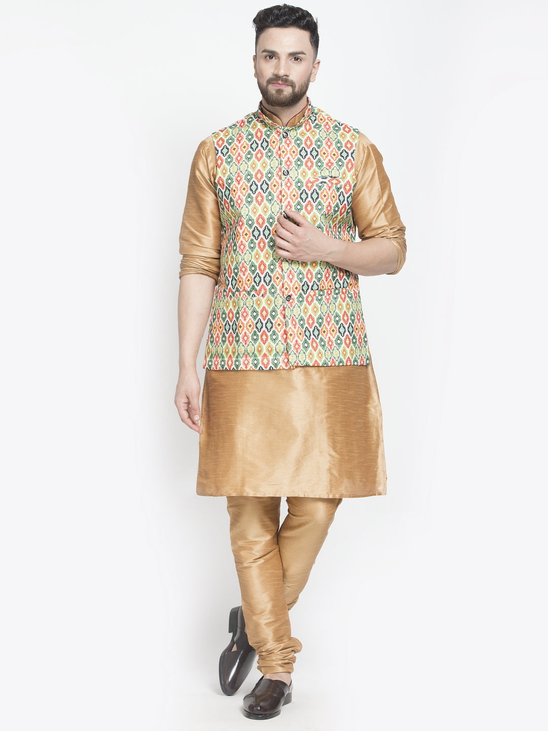 Men's Silk Blend Copper Kurta With Pyjama & Green Printed Nehru Jacket - Benstoke