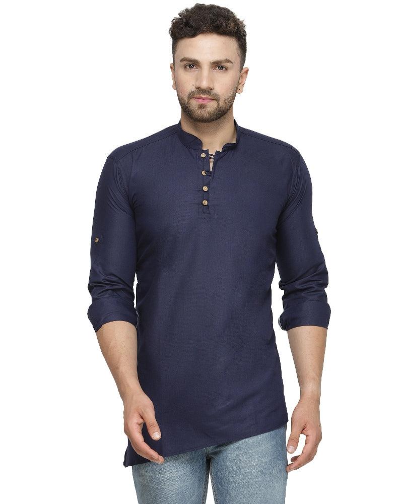 Men's Cotton Blend Navy Blue Asymmetric Short Kurta - Benstoke - Indiakreations