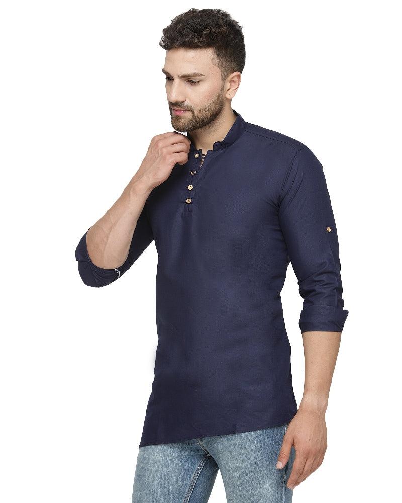 Men's Cotton Blend Navy Blue Asymmetric Short Kurta - Benstoke - Indiakreations