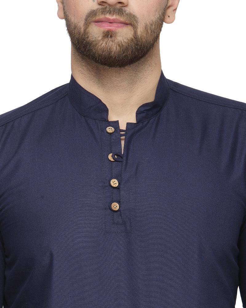 Men's Cotton Blend Navy Blue Asymmetric Short Kurta - Benstoke - Indiakreations