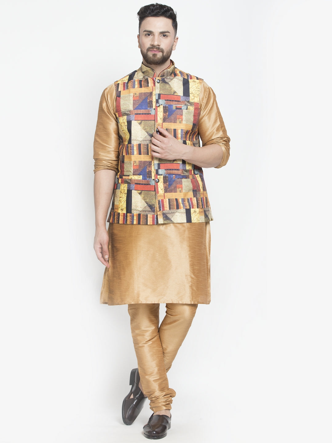 Men's Silk Blend Copper Kurta With Pyjama & Multicolor Printed Nehru Jacket - Benstoke