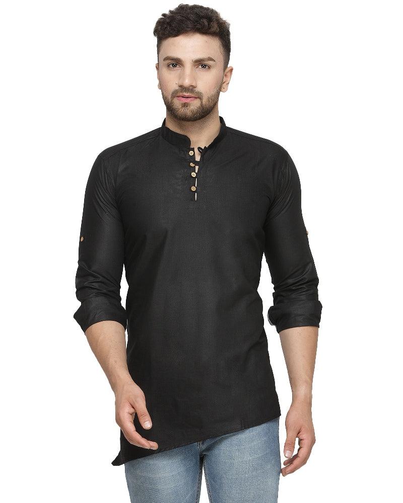 Men's Cotton Blend Black Asymmetric Short Kurta - Benstoke - Indiakreations