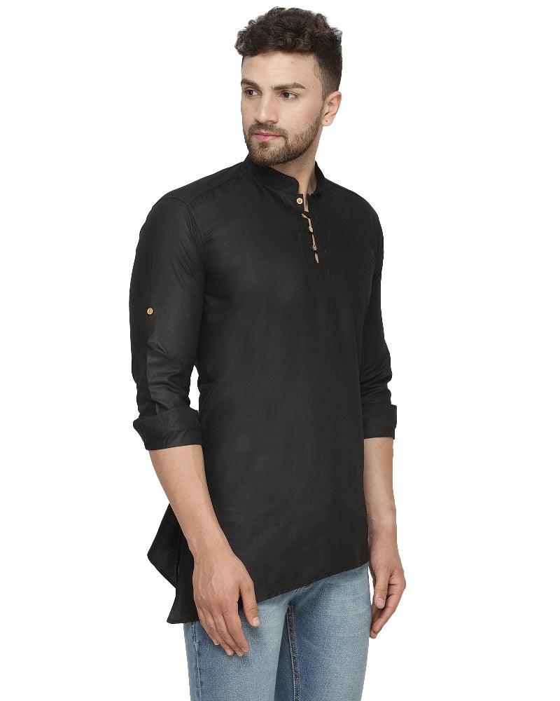 Men's Cotton Blend Black Asymmetric Short Kurta - Benstoke - Indiakreations