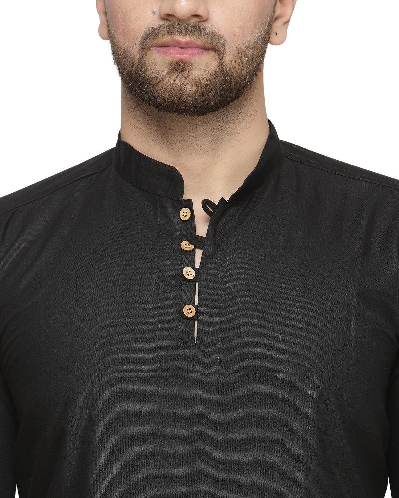 Men's Cotton Blend Black Asymmetric Short Kurta - Benstoke - Indiakreations