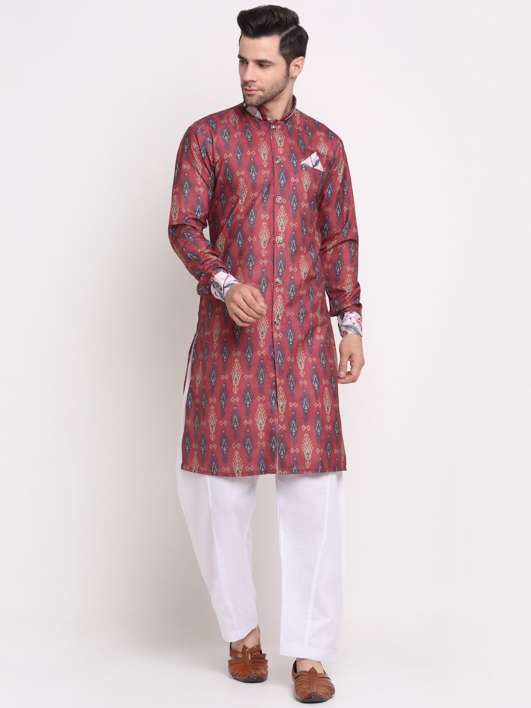 Men's Maroon & Navy Blue Printed Kurta With White Pyjamas Set - Benstoke