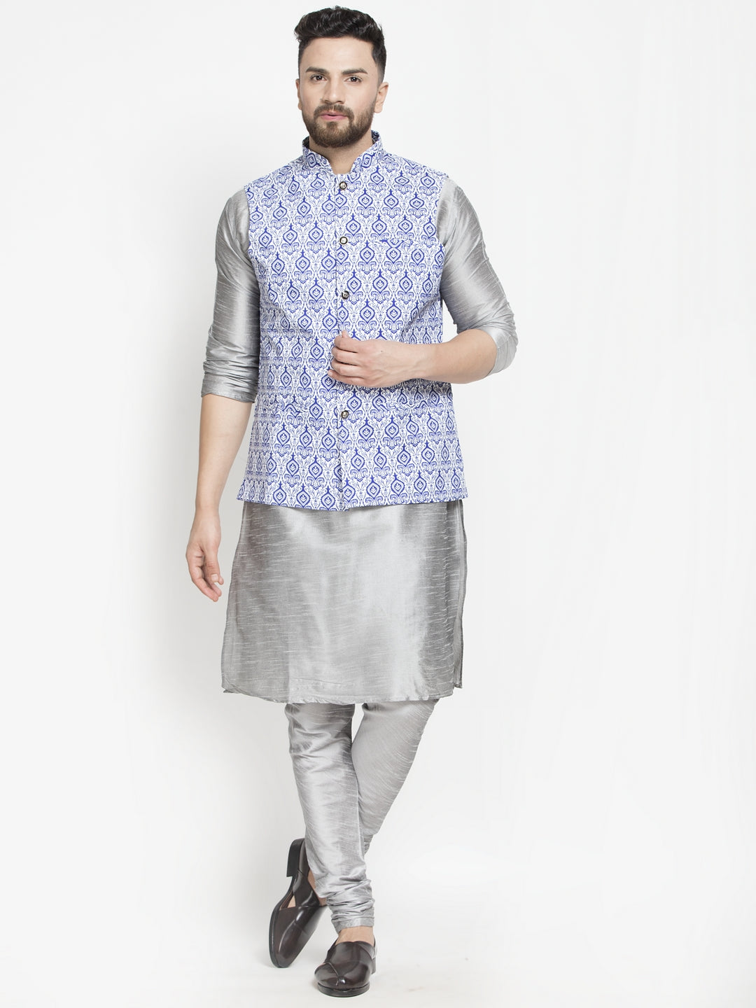 Men's Silk Blend Grey Kurta With Pyjama & Blue Printed Nehru Jacket - Benstoke