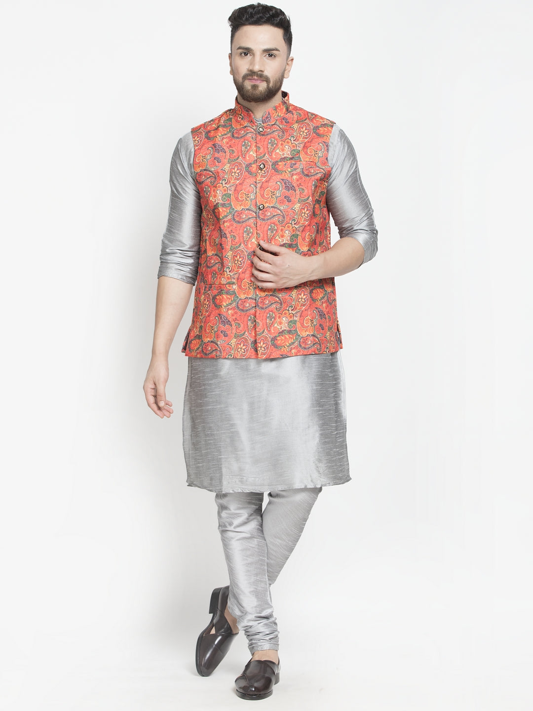 Men's Silk Blend Grey Kurta With Pyjama & Orange Printed Nehru Jacket - Benstoke