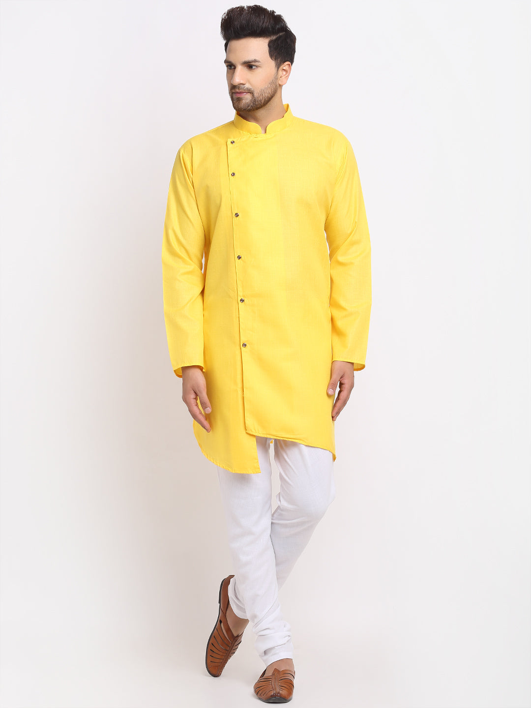 Men's Yellow Solid Angrakha Kurta With White Churidaar Pyjama - Benstoke