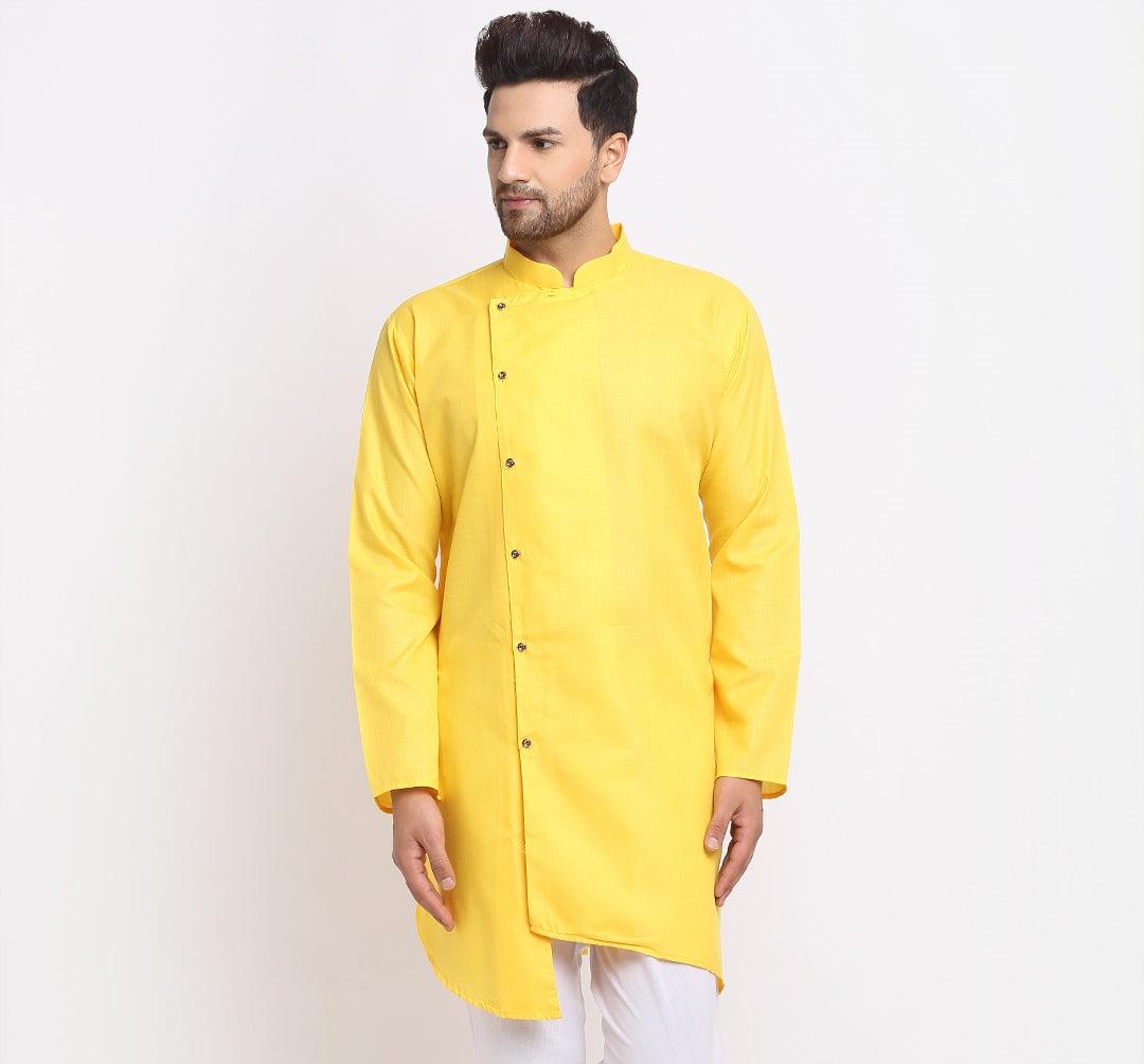 Men's Cotton Blend Yellow Asymmetric Kurta - Benstoke - Indiakreations