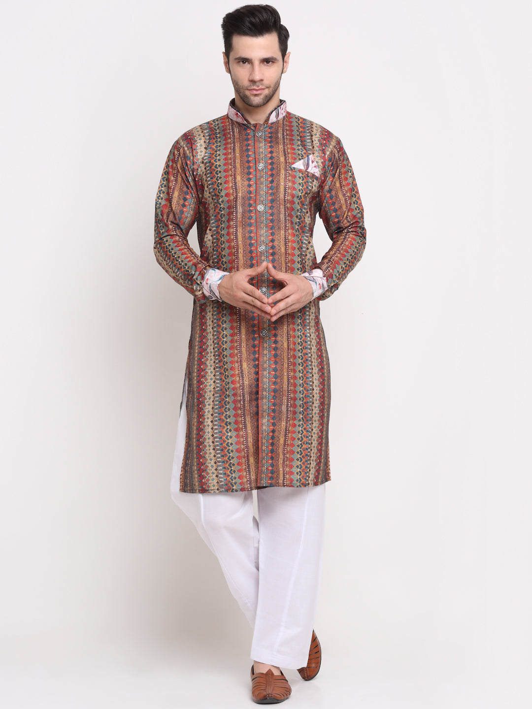 Men's Multi Printed Kurta With White Pyjamas Set - Benstoke